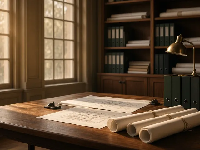 A quiet project office with rolled building plans and green binders on a wooden table, lit by afternoon window light.