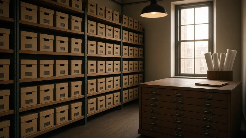 A neat records room with rows of file boxes on shelves and a wooden plan cabinet by a window.